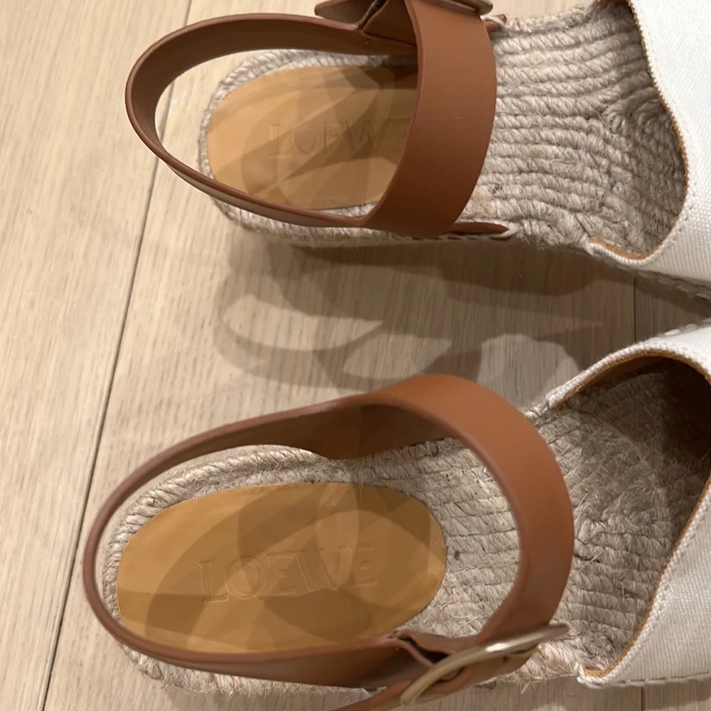 Loewe White & Blue Leather Espadrille Sandals with Tan Ankle Strap